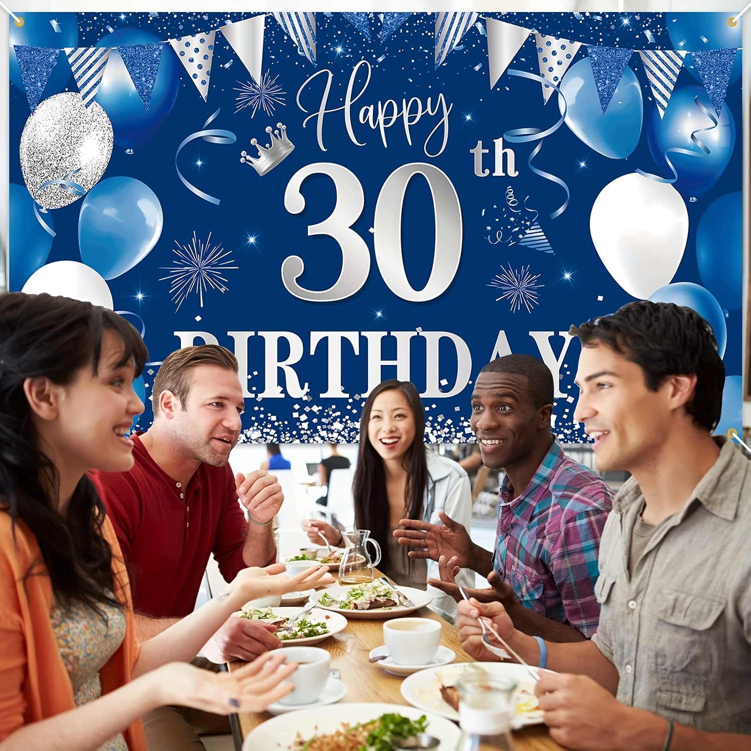 Happy 30th birthday banner background, sky blue and silver fabric, universal decoration, party photo background