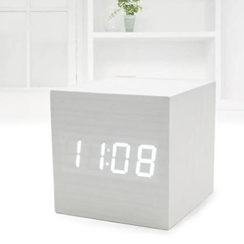 Moderne Houten Kubus Digitale Led Thermometer Kalender Wekker Sound-Gestuurde Klok Houten Klok Elektronische Temperatuur: WHITE