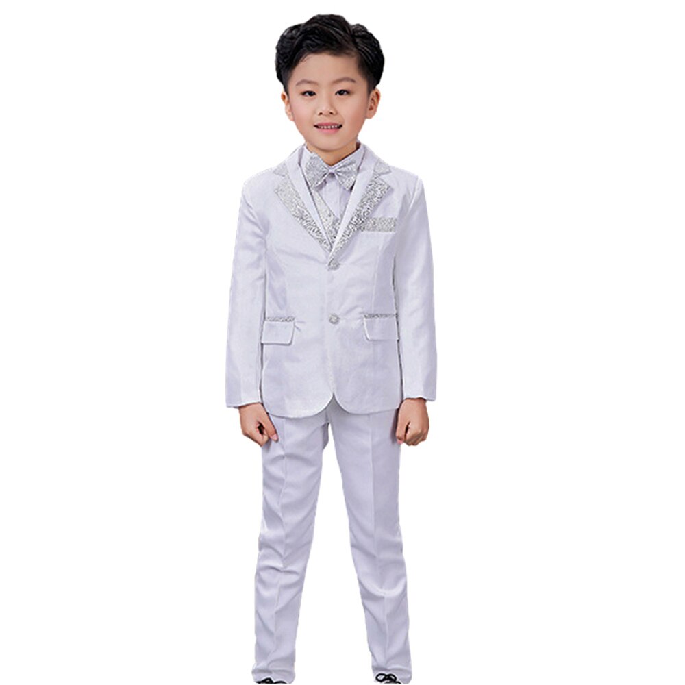 Lolanta 4Pcs Toddler Boys Tuxedo Suit White Silver Formal Attire Set Birthday Wedding Party Outfit for Kids Piano Performance: 5-6 years