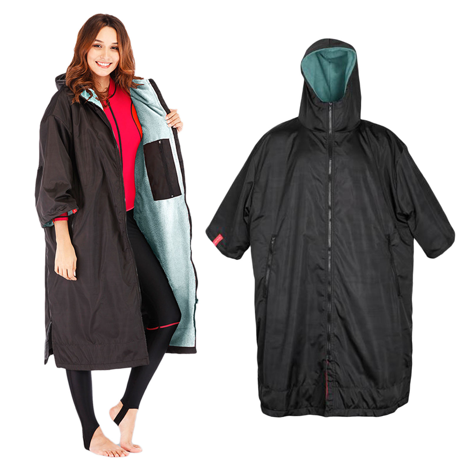 Robe à langer de Surf unisexe, manteau de natation en plein air à capuche pour adultes, veste coupe-vent résistante aux intempéries, Parka de natation avec poche intérieure: Black Blue L