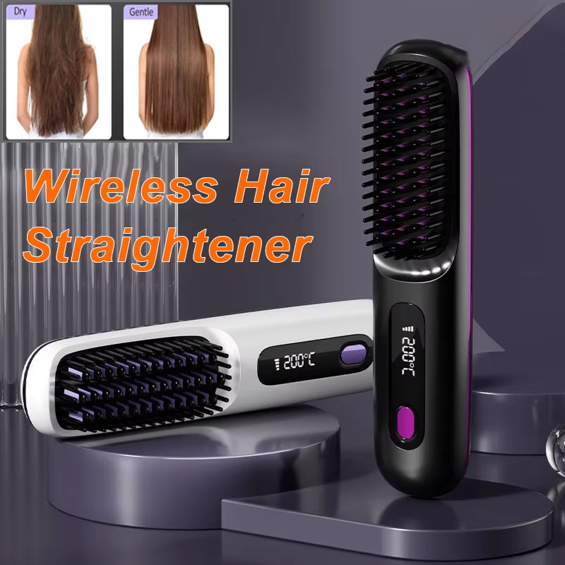 Peine de pelo liso con calefacción USB LCD eléctrico, herramienta de estilismo de iones negativos portátil inalámbrica, cepillo alisador recargable