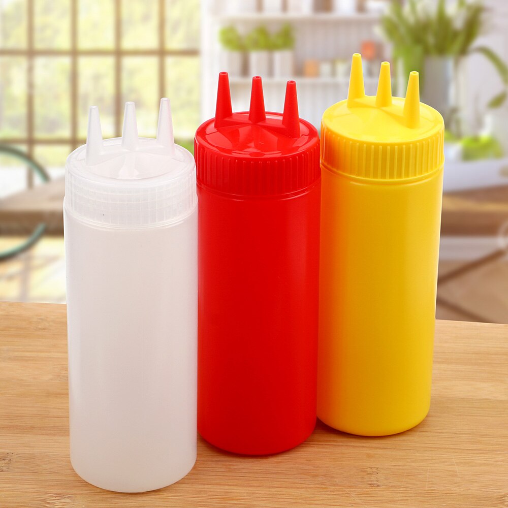 3 agujeros 350ml giro tapa botella de apretón botella de plástico de alimentaria Ketchup mostaza Mayo salsas botellas de aceite de oliva utensilios de cocina
