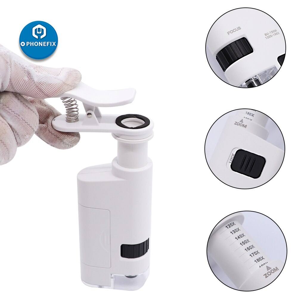 Handheld 120X/190X Mobile Phone Microscope with Cell Phone Clip Pocket Magnifying Glass LED UV Light for Jade Identification