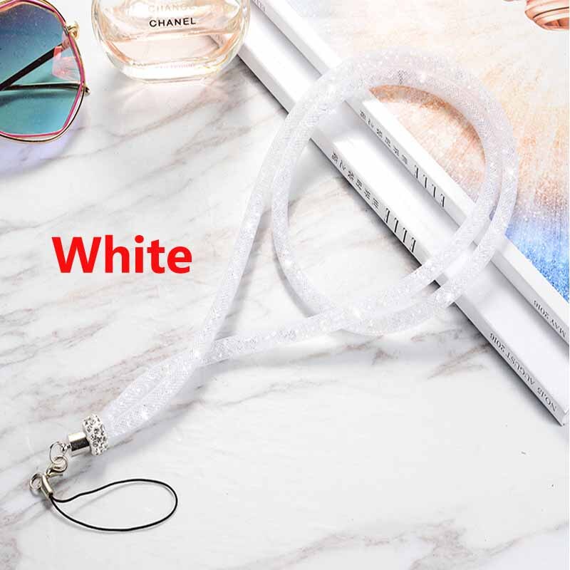 Long Rhinestone fishing net lanyard flash drill mobile phone hanging neck rope crystal diamond fishing net lanyard hanging: White