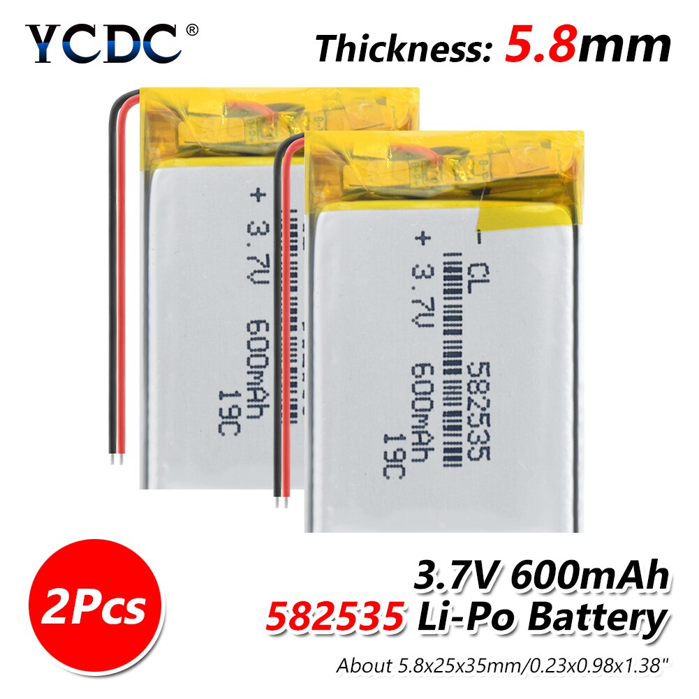 582535 3.7V 600mAh Rechargeable li lithium polymer li po Battery For Watch GPS LED Light MP3 Toy dvr navigation video recorder: 2 pieces