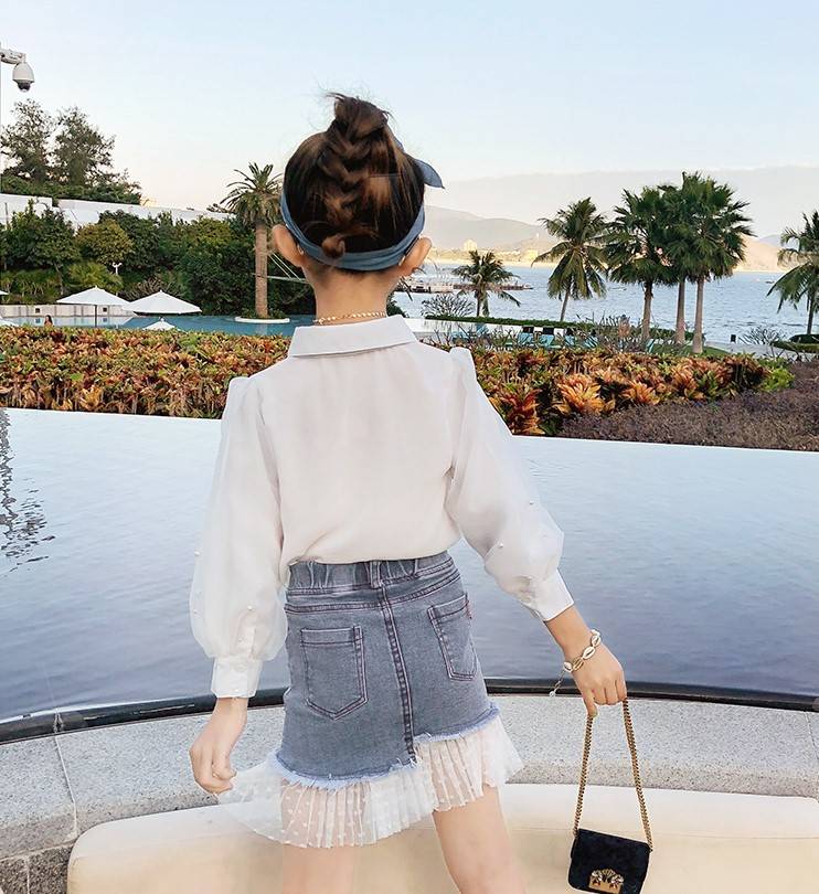 Sommer børn piger blå denim splejsning blonder mini nederdel korte jeans nederdele knælang nederdel børnetøj 4-9t