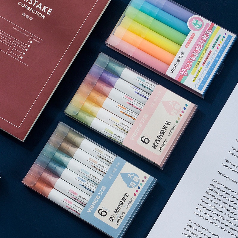 6Pcs/Set Fluorescent Colors Highlighter Pen Vintage Macaron Colors Marker Pen 6 Color Cute Graffiti Pen Stationery Supplies