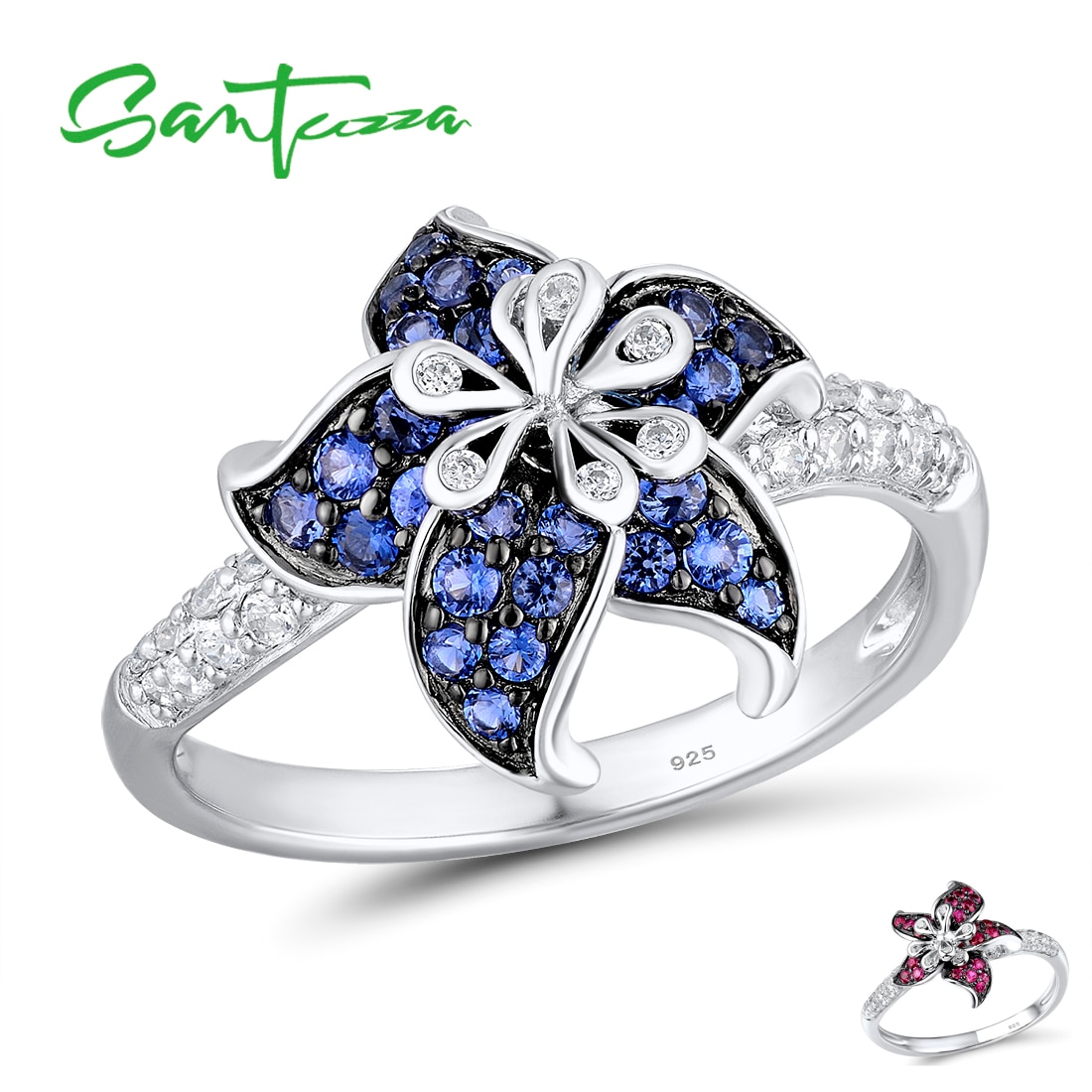 SANTUZZA Silver Ring For Women 925 Sterling Silver Blooming Flower Blue Pink White Cubic Zirconia anillos Party Fine Jewelry