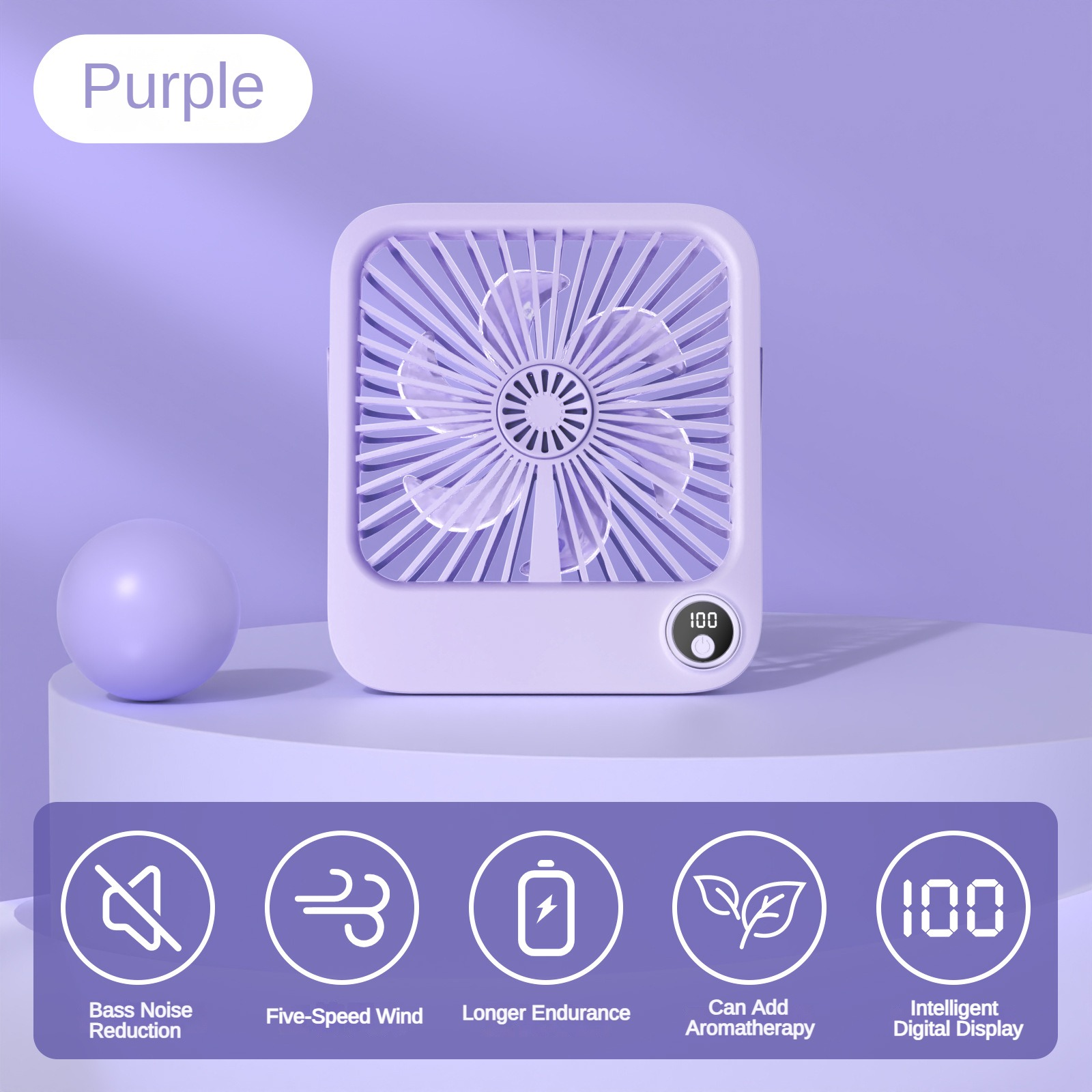 Desktop Kleine Ventilator Draagbare Outdoor Office Usb Opvouwbare Ventilator Digitaal Display Ultra Slanke Ventilator: Lavendel