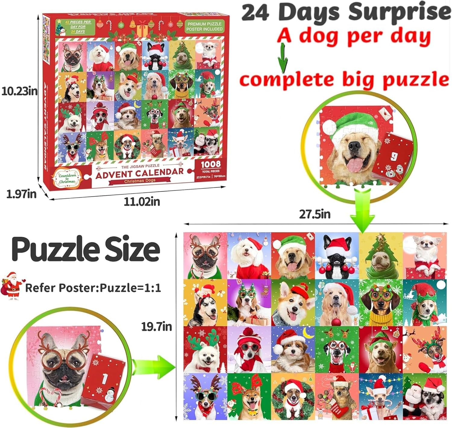 Advent Christmas Puzzles Cute Puppy Dogs for Kids Boys Girls 24 Days Countdown Calendar Jigsaw 1008 Pieces Xmas