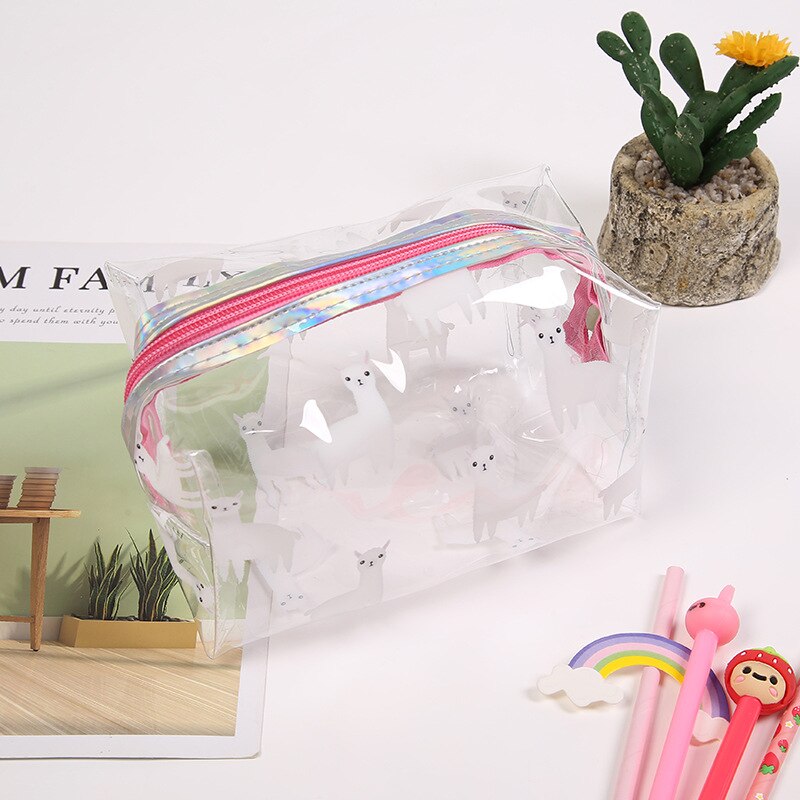 Nueva Bolsa transparente de PVC para almacenamiento de Cactus, estuche impermeable para maquillaje, neceseres florales, bolsas de viaje, organizador para artículos de tocador de unicornio: Blanco