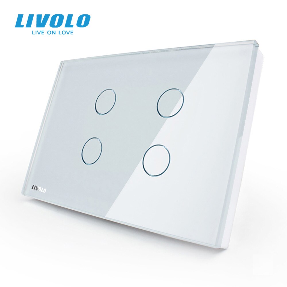 Livolo US standard Wall Light Touch Switch ,4gang 1way , AC 110~250V, White Crystal Glass Panel,VL-C304-81: White