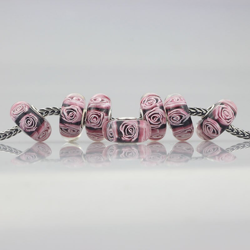 925 Sterling Zilver Groot Gat Kleurrijke 3D Handgemaakte Rose Glas Charm Kralen Fit Europese Armband Sieraden