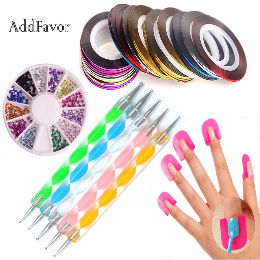 Addfavor neglekunst dekoration tip værktøj sæt prikkepen 30 stk rhinestones ruller neglelak skjold beskytter glitter negle sæt sæt
