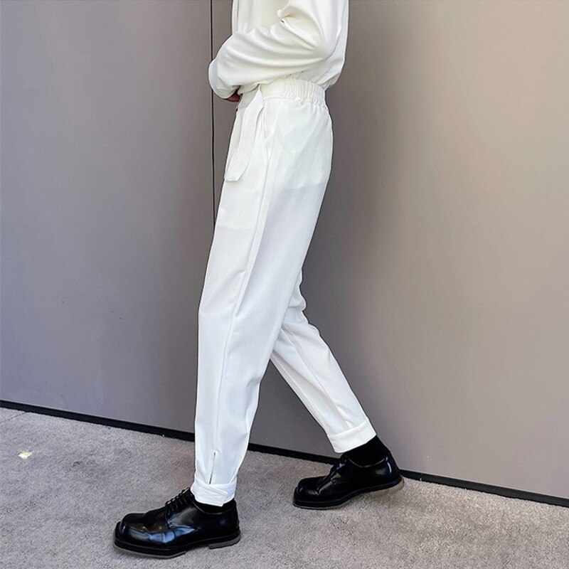 Korean Style Chic Harem Pants Men Solid Black White Man Trouser with Belt Spring Summer Tapered Ankle Length Casual Pant