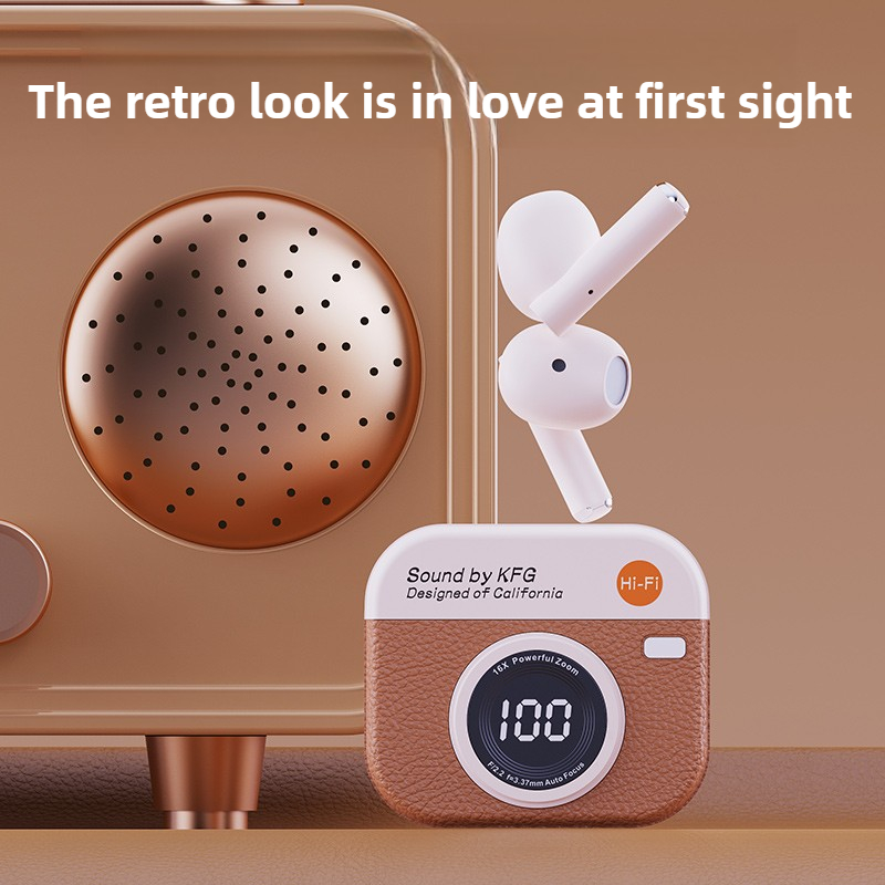 Q86 Retro Camera Leather Good Wireless Earbuds Semi-In-Ear Earphones with Screen Digital Display and Gaming Low Latency