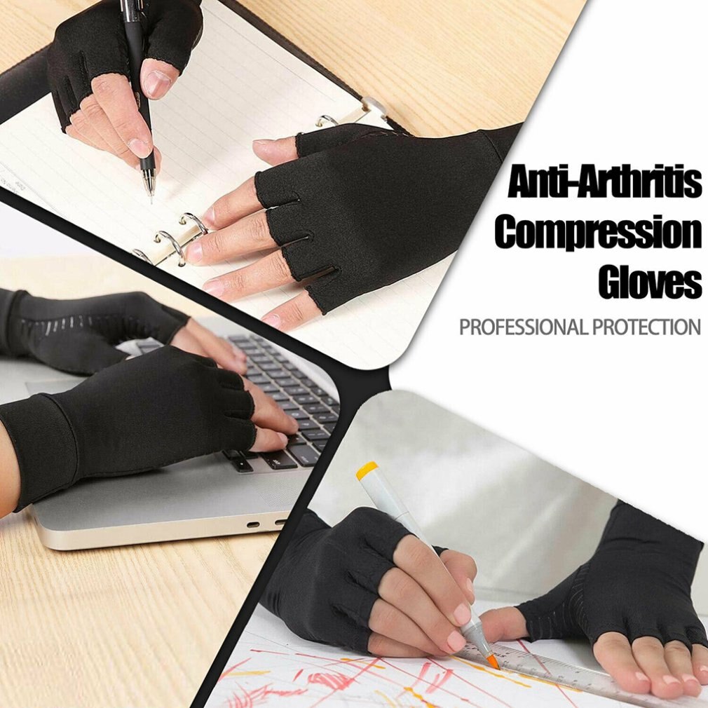 Copper Compression Gloves Arthritis Fit Carpal Tunnel Hand Wrist Brace Support Training Half Gloves