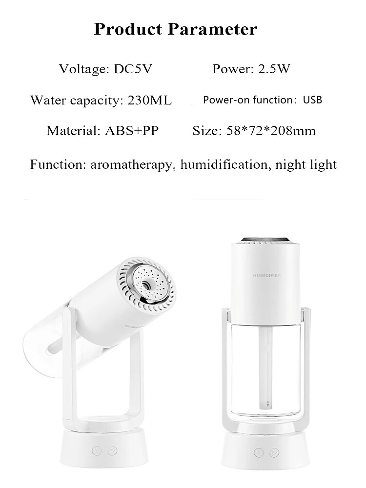 Auto-Rotate Draadloze Magic Shadow Luchtbevochtiger Usb Mist Spuiten Projector Lamp Ultrasone Cool Mist Maker Geurverspreider Voor Thuis