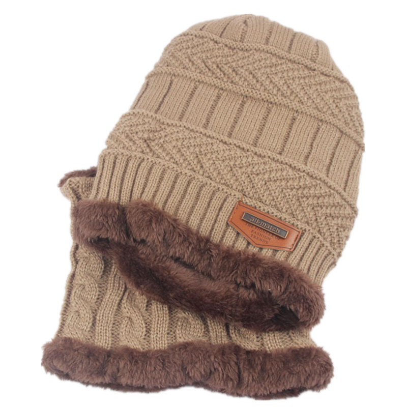 Efterår vinter plus velvet hat tørklæde sæt barn 2 stk varme børn vinter uld beanies strikkede hatte krave til 1-6 år gamle børn: Khaki