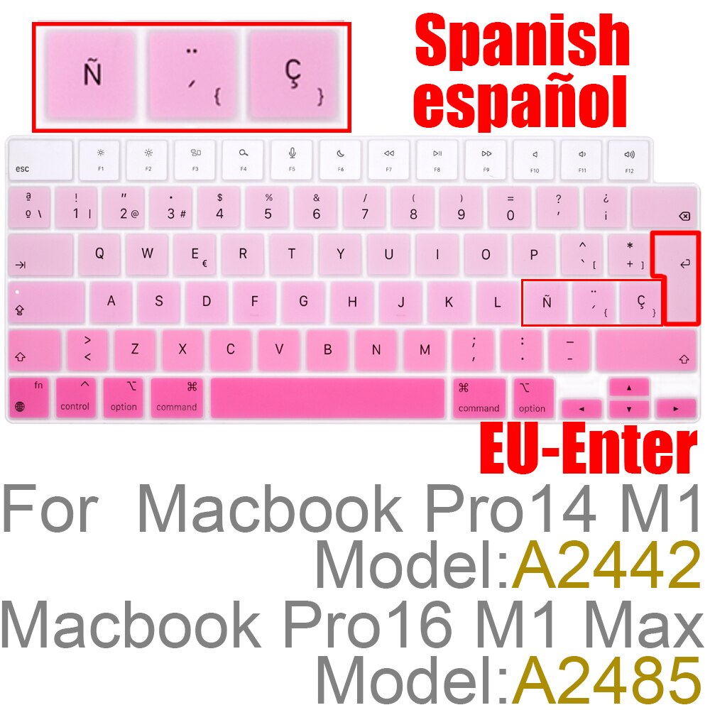 Farve silikone spansk/chile tastatur skin cover til macbook pro 14 a2442 m1 chip pro 16 m1 max  a2485 tastatur cover: Eu-es-pink