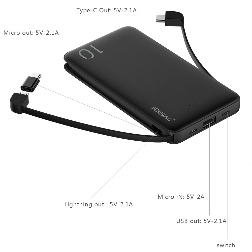 Ferzing con cavo Power Bank 10000mAh caricatore portatile USB PowerBank batteria esterna batteria di ricarica per iPhone Samsung Xiaomi