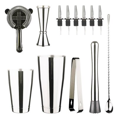 Cocktail Shaker Bar Set: 2 Weighted Boston Shakers,Cocktail Strainer Set,Jigger,Muddler and Spoon, Ice Tong and 2 Bottle Pourer: Silver Sets1