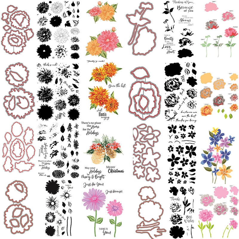 Layered Florals Winter Bouquet Fragrant Blooms Fresh Flowers Clear Stamps Dies Set for DIY Scrapbooking Cards Crafts