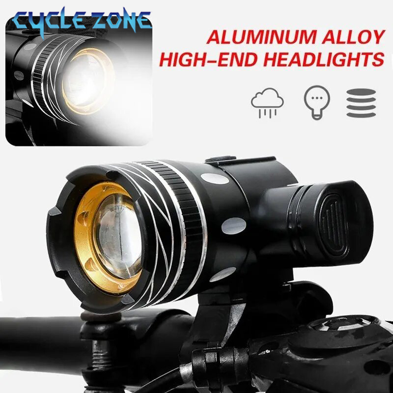 Luz delantera LED T6 para bicicleta, faro para bicicleta con Zoom ajustable, recargable por USB, resistente al agua, accesorios para bicicleta de montaña