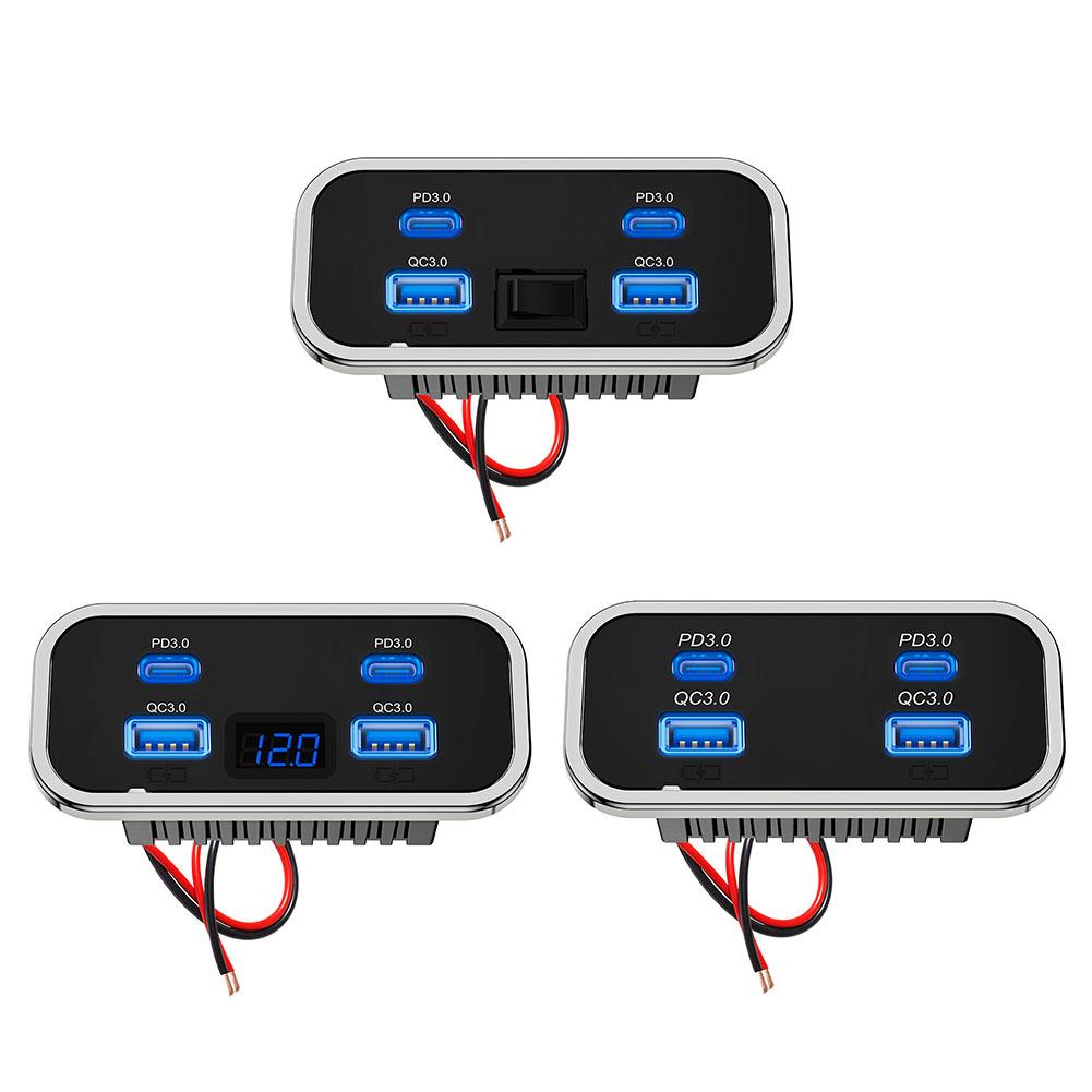 4 porter 12v usb-uttak til bobil 76w doble  pd3.0 type-c hurtiglading dobbel usb for bil buss bobil billader med knappbryter