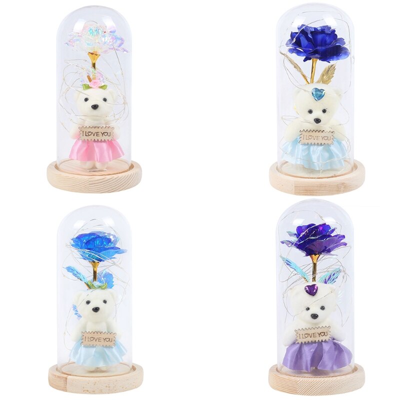 Gold Foil Rose Flower Bear in Glass Dome with LED Night Light Mothers Day Valentine's Day Wedding Party Decoration