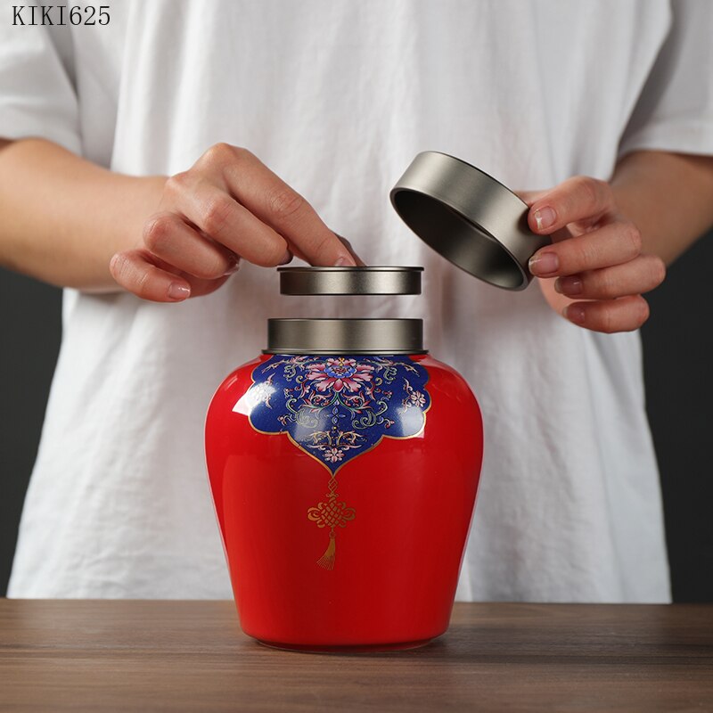 Antique Enamel Sealed Tea Cans with Tin Lids Household Large-capacity Ceramic Storage Jars Kitchen Storage Containers Home Decor