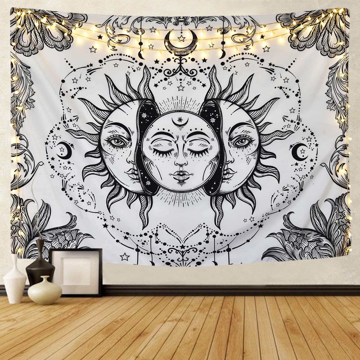 LUCKYYJ Sun and Moon Tapestry Black and White Tapestry Psychedelic Fractal Faces Tapestry Wall Hanging for Home Decoration: 180x230cm