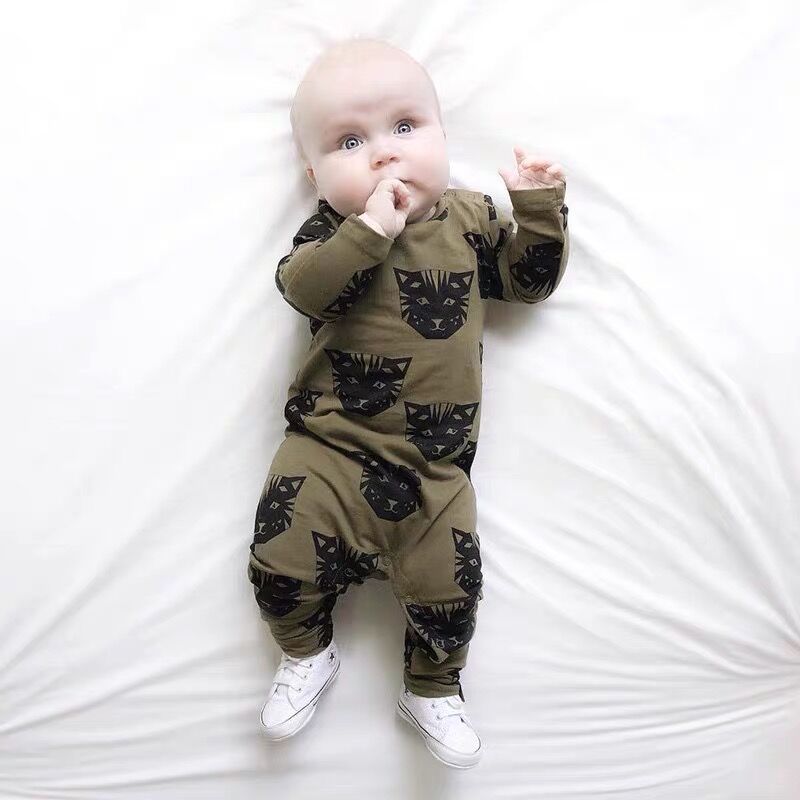 Baby junge mädchen romper langarm Baumwolle Armee grün katze kopf druck muster baby kleidung Neugeborenen ein stück Kleinkind kleidung outfits