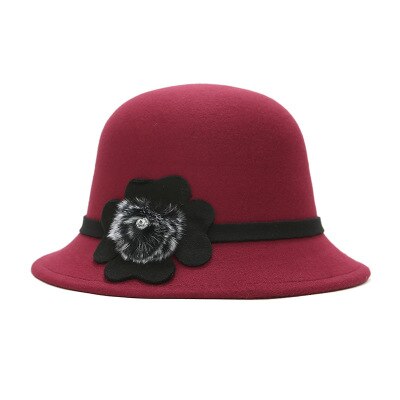 SUOGRY Vintage Stylish Fall Winter Fedoras Hat For Women Hairball Hat For Lady Girls Floppy Cartola Female Felt Bowler Cap: Red wine