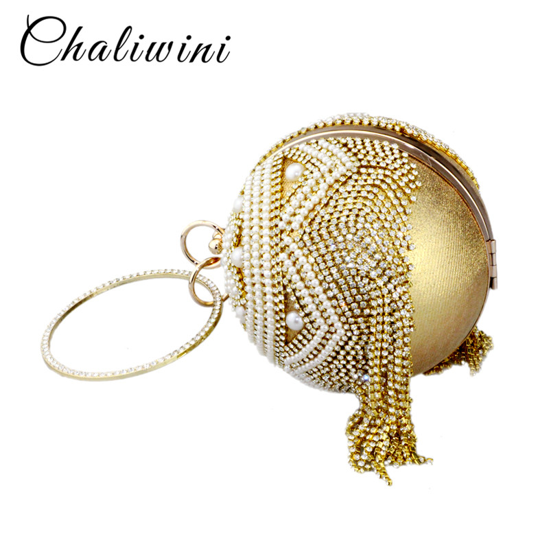 Chaliwini Kwastje Golden Lady Schouder Parel Kralen Ronde Bal Bruiloft Tas Vrouwen Avond Bridal Kristal Knucklebox Clutch Handtas