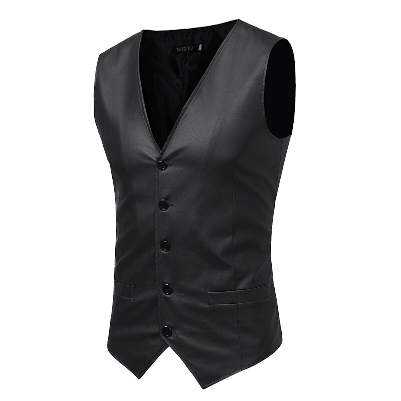 Pu nahka liivit miehille slim fit pu nahka miesten puku liivi miesten liivi gilet homme rento hihaton juhlallinen takki: Musta / L