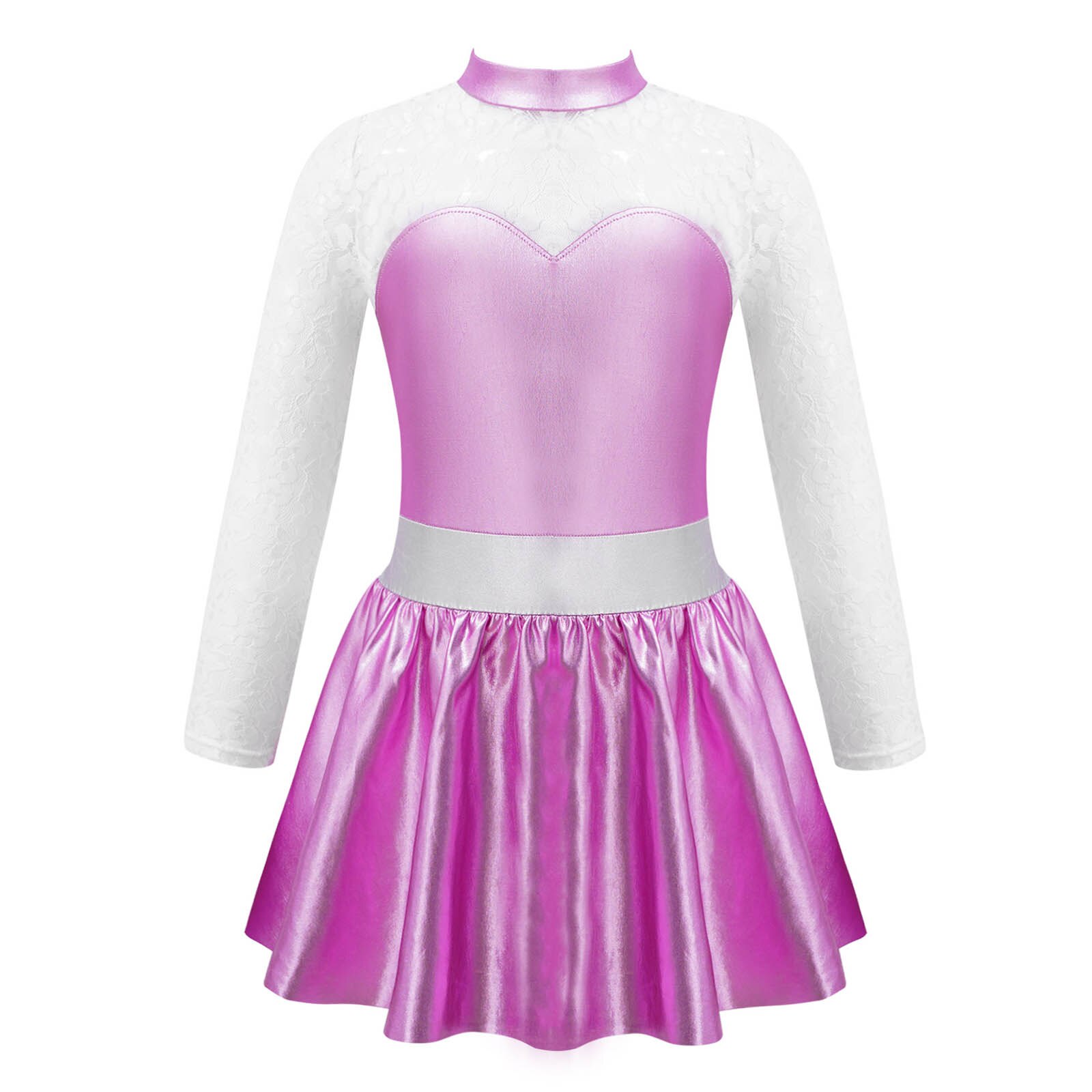 Kids Girls Long Sleeves Mock Neck Tulle Splice Ballet Dance Skating Gymnastics Leotard Dress