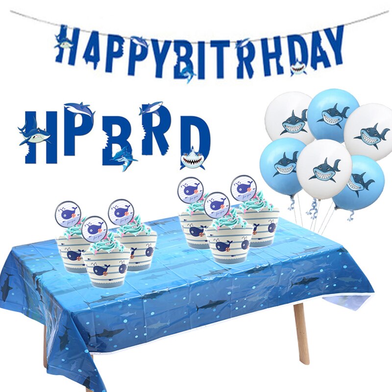 Ocean Shark Disposable Tablecloth 120*180cm Cute Shark Baby Shower Boy Party Decor Shark Cupcake Toppers Supplies