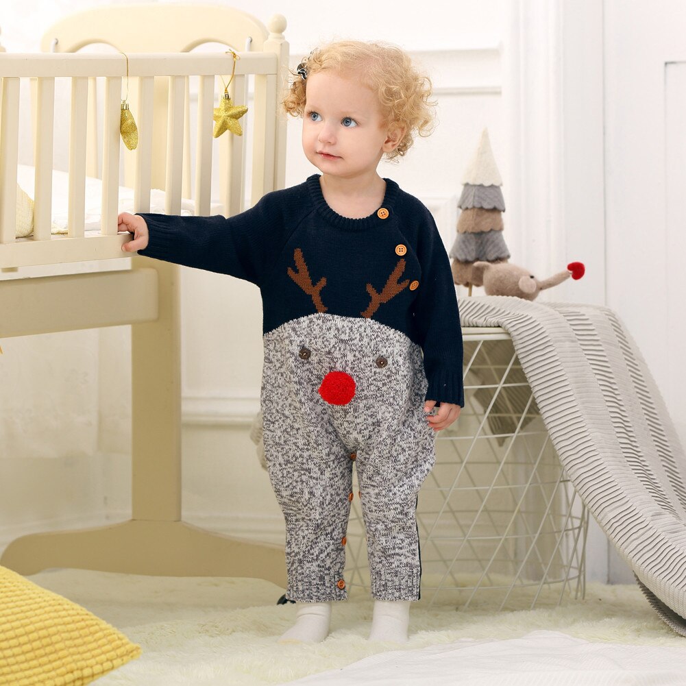 Jongens Meisjes Kerst Rompertjes Rendier Gebreide Ronde Kraag Vest Jumpsuits Baby Jaar Kostuum Kid Warme Wollen Kleding 0-2Y