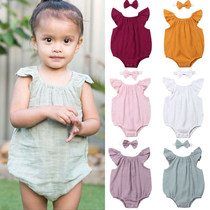 Summer Newborn Baby Girls Boys ruffled Romper Jumpsuit with headband Outfits Clothes Sunsuit 2pcs