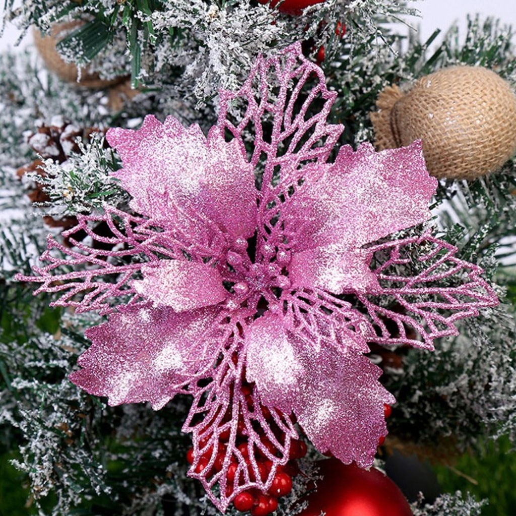 5Pcs Kerst Simulatie Bloem Kerstboom Ornamenten Xmas Ornament Kwiaty Sztuczne Kerst Glitter Hollow Bloem