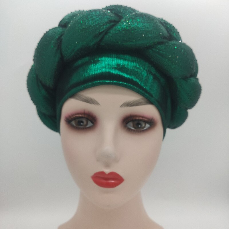 Turbante africano brillante de estilo Nigeriano para mujer, pañuelo para la cabeza de estilo musulmán: green