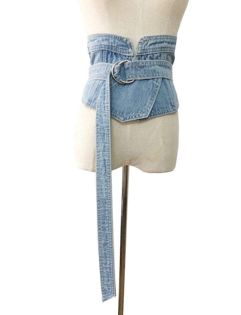 Cinturón de tela vaquera para mujer, cinturones como cintura ancho, Vintage, lavado,: Blue