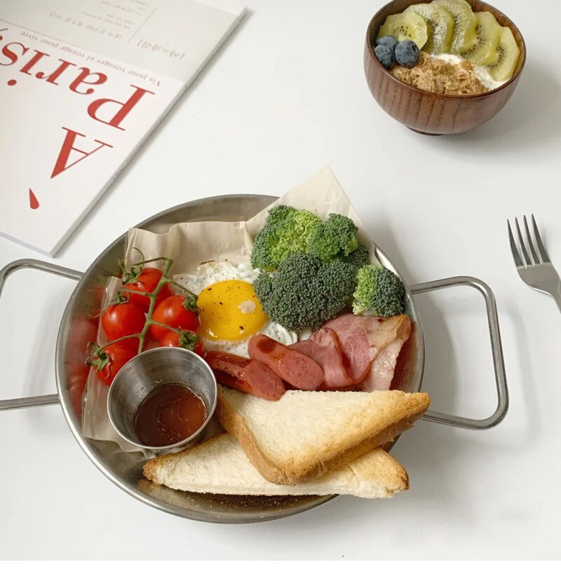 Paella Pot Spanish Seafood Rice Pot Stainless Steel Double Handle Pans Home Cooking Pot For Kitchen Cookware: Silver handle / 20cm