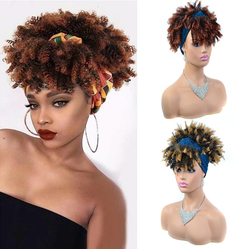 Korte Afro Kinky Krullend Tulband Wrap Pruiken Voor Zwarte Vrouwen Ombre Trekkoord Hoofdband Pruik 10 "Afro Bladerdeeg Haarband Pruik gember Blonde