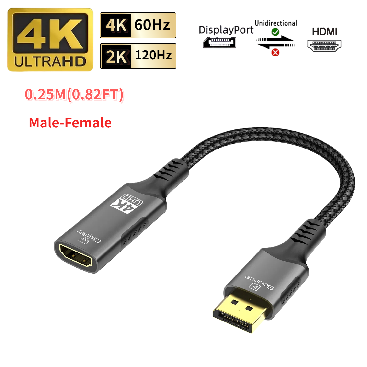 8K@60Hz DP1.4 to HDMI 2.1 Converter 4K@120Hz Ultra Speed 48Gbps Compatible Cable For Desktop Laptop PC TV Monitor Projector: Gold