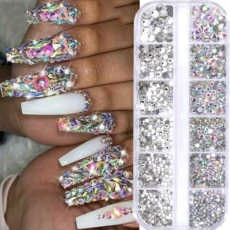 12 gitter farverige krystal nail art rhinestones akryl negle sten perler nitter flad tilbage glitter tips 3d negle kunst dekorationer