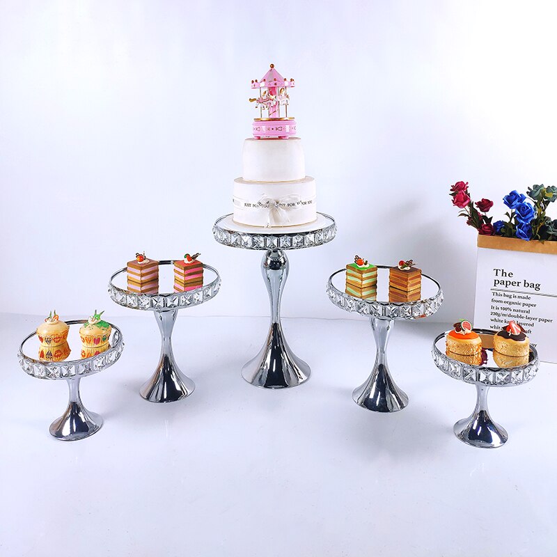 Plein Crystal Silver Galvaniseren Metalen Cake Stand Set Display Bruiloft Verjaardag Party Dessert Cupcake Plaat Rack