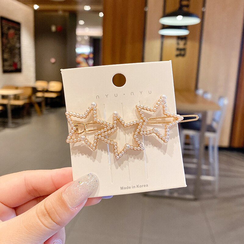 Xwen Store Pearl Clip Headdress Hair Clip Girls Hairpin Top Bangs Broken Hair Side Side Hair Accessories For Women OH2073: 7 Three Stars