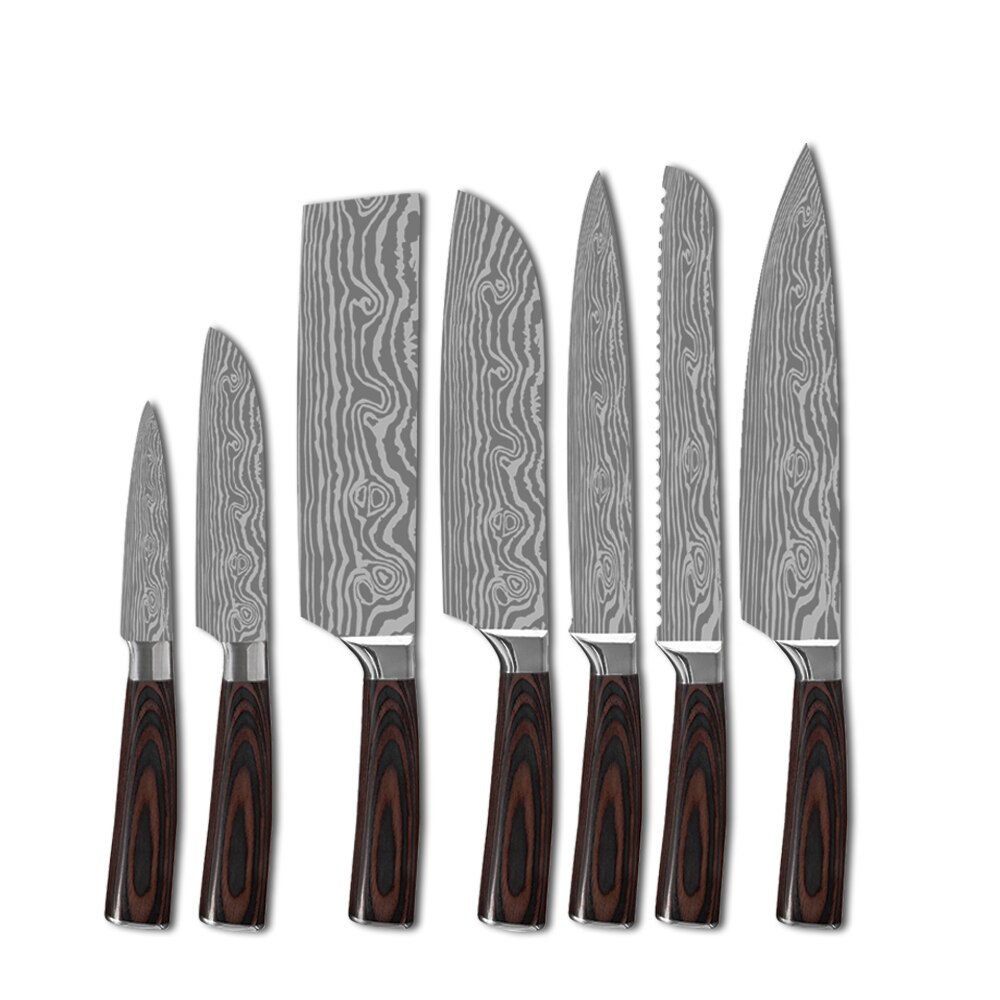 Keukenmessen Set Koksmes High Carbon Rvs Santoku Mes Sharp Hakmes Vleesmes Beste Keuze Voor Keuken: D 7pcs set